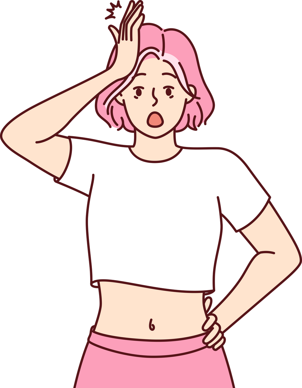 Forgetful shocked girl clutching head, opens mouth wide remembering about things not done